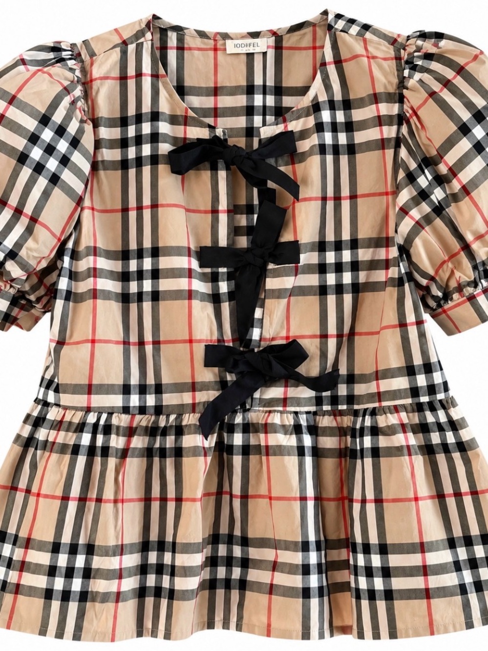 Jodifl Beige Plaid Puff-Sleeve Top with Black Bows